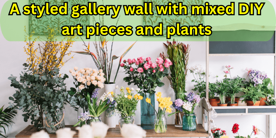 A-styled-gallery-wall-with-mixed-DIY-art-pieces-and-plants