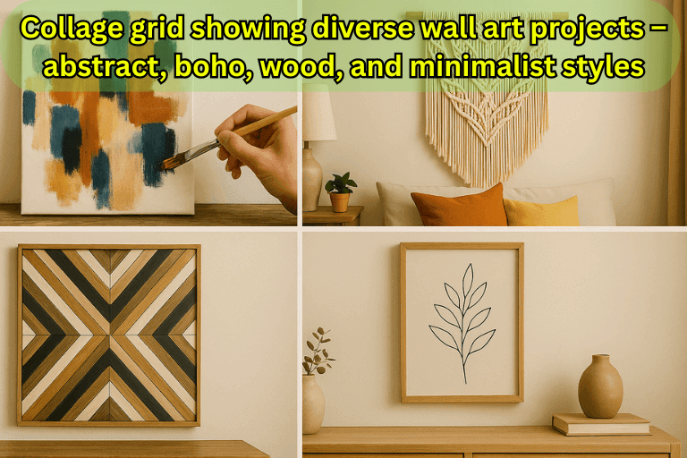 Collage grid showing diverse wall art projects – abstract, boho, wood, and minimalist styles
