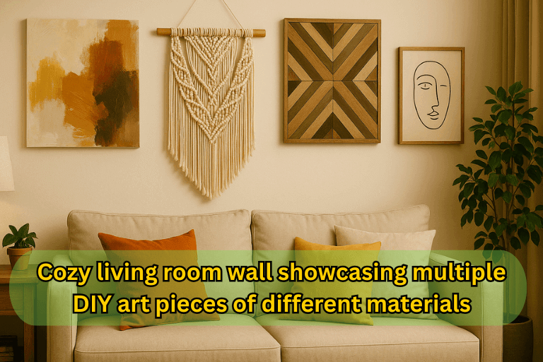 Cozy living room wall showcasing multiple DIY art pieces of different materials