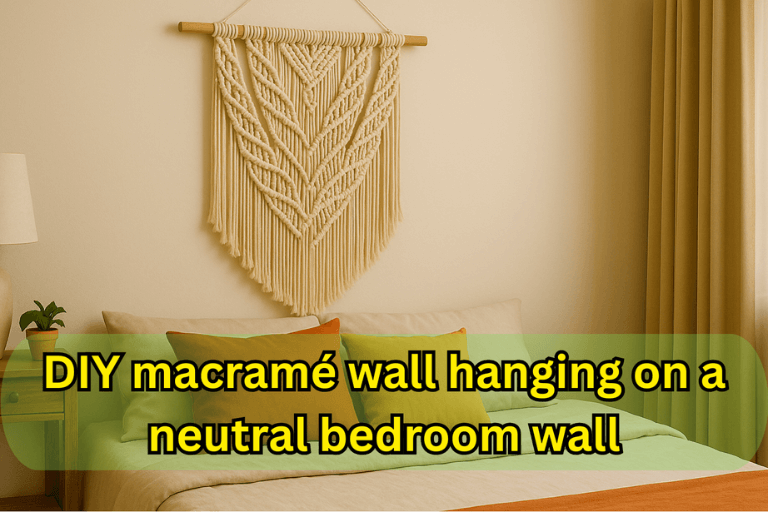 DIY macramé wall hanging on a neutral bedroom wall