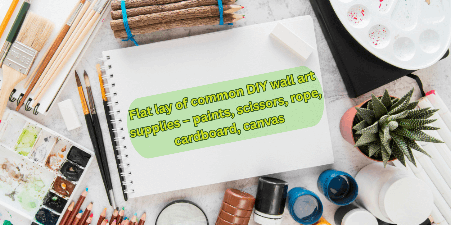 Flat lay of common DIY wall art supplies – paints, scissors, rope, cardboard, canvas