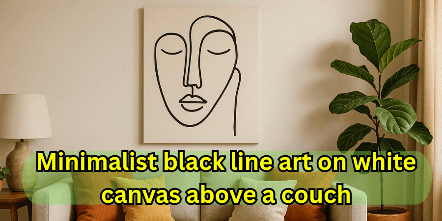 Minimalist black line art on white canvas above a couch