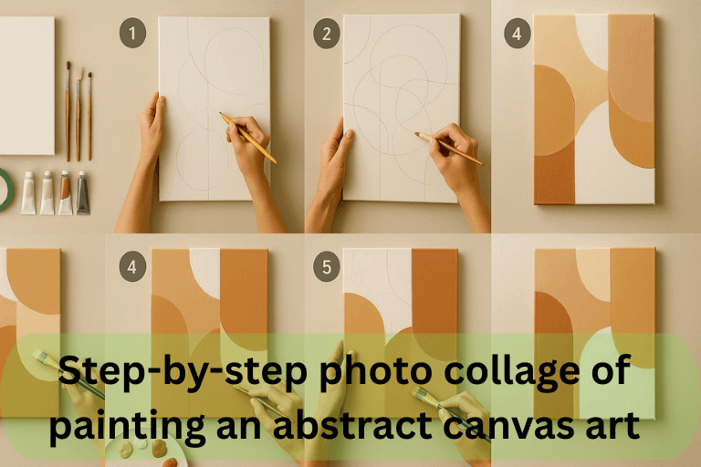 Step-by-step photo collage of painting an abstract canvas art