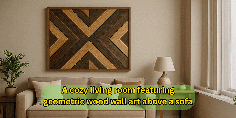 A cozy living room featuring geometric wood wall art above a sofa