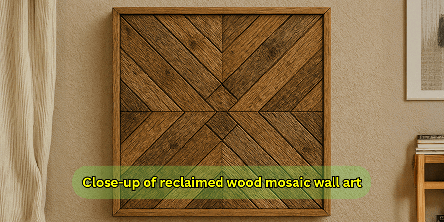 Close-up of reclaimed wood mosaic wall art