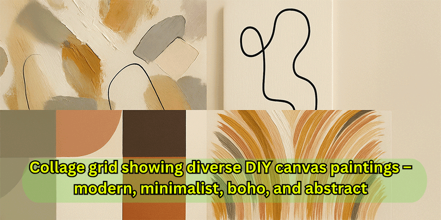 Collage grid showing diverse DIY canvas paintings – modern, minimalist, boho, and abstract