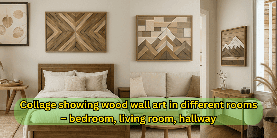Collage showing wood wall art in different rooms – bedroom, living room, hallway