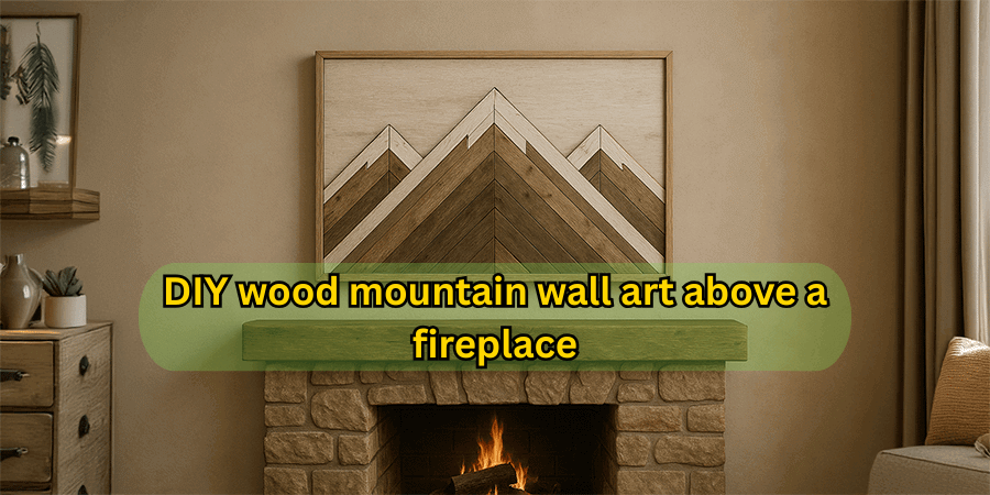 DIY wood mountain wall art above a fireplace