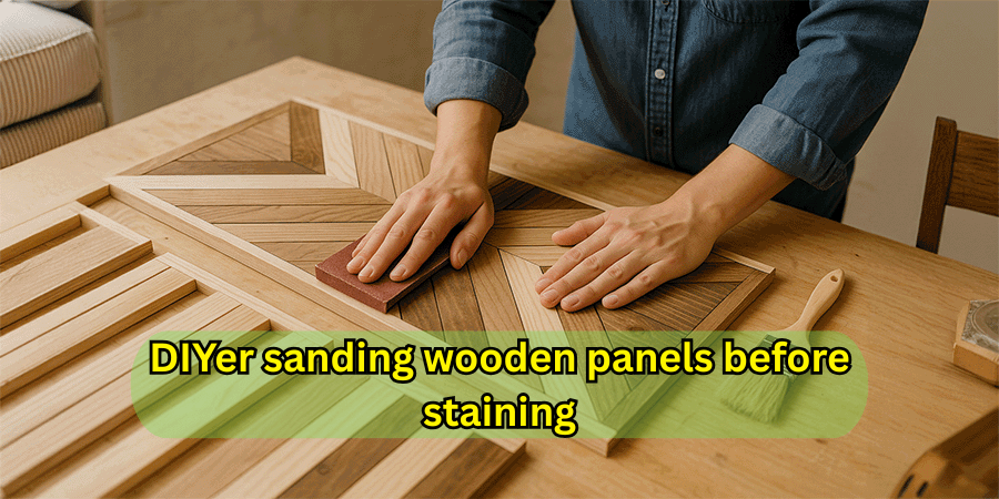 DIYer sanding wooden panels before staining