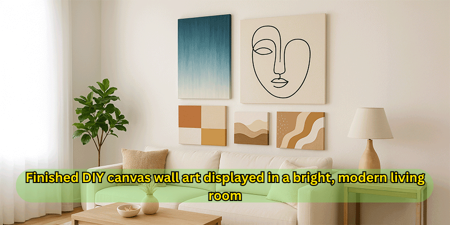 Finished DIY canvas wall art displayed in a bright, modern living room