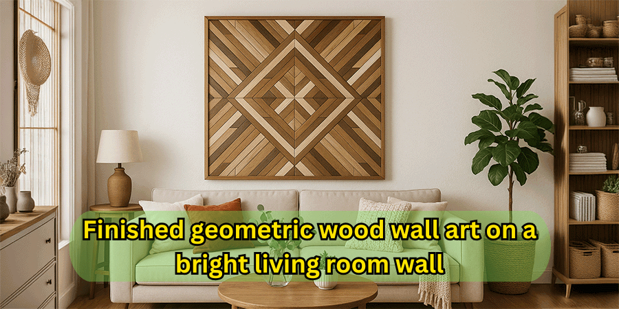 Finished geometric wood wall art on a bright living room wall