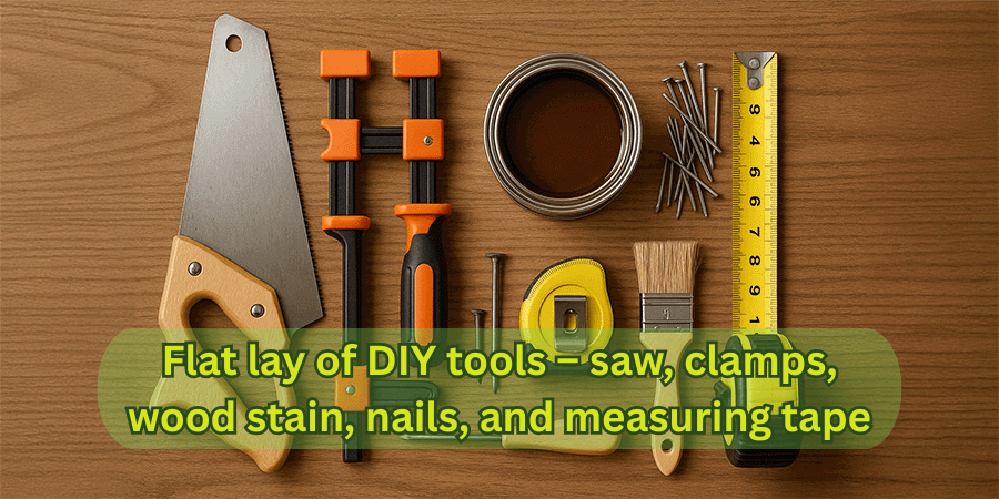Flat lay of DIY tools – saw, clamps, wood stain, nails, and measuring tape