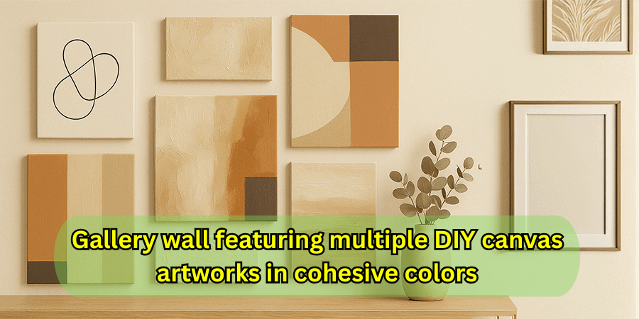 Gallery wall featuring multiple DIY canvas artworks in cohesive colors