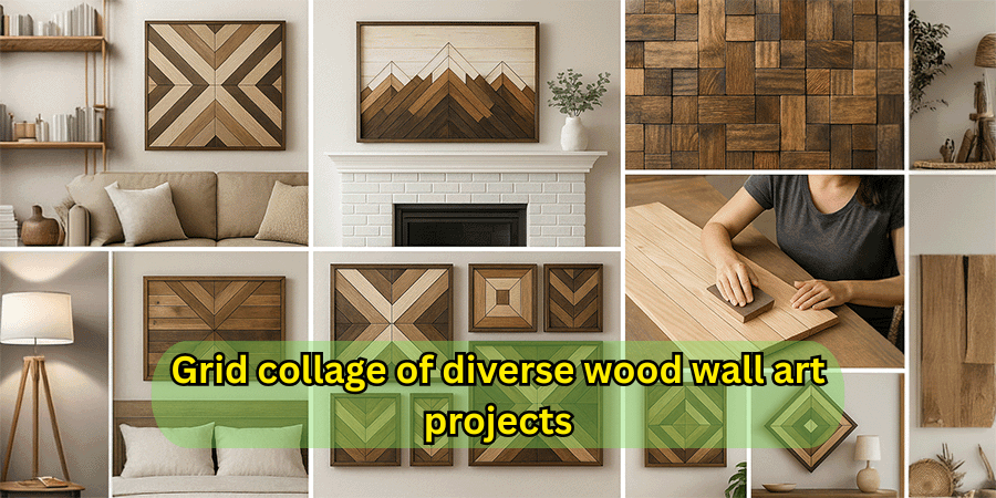 Grid collage of diverse wood wall art projects