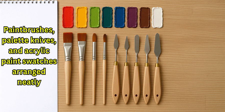 Paintbrushes, palette knives, and acrylic paint swatches arranged neatly