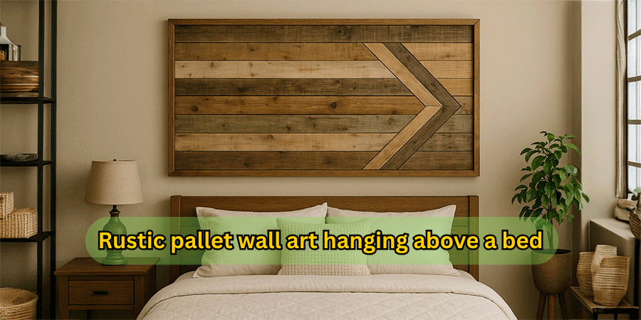 Rustic pallet wall art hanging above a bed
