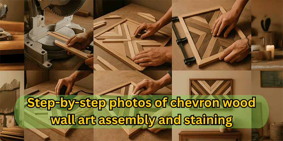 Step-by-step photos of chevron wood wall art assembly and staining