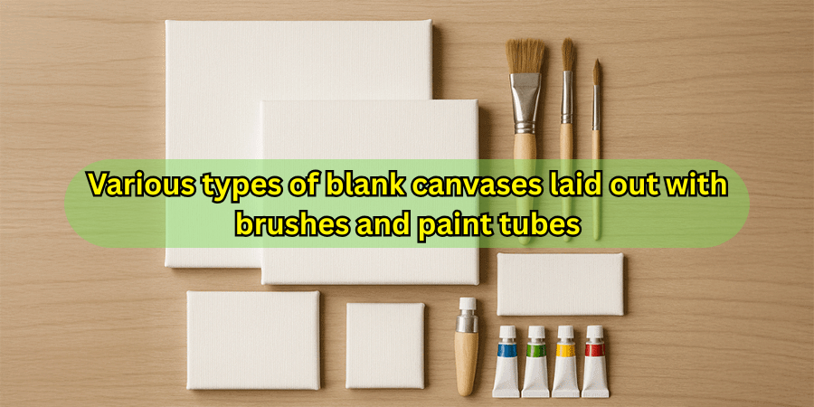 Various types of blank canvases laid out with brushes and paint tubes