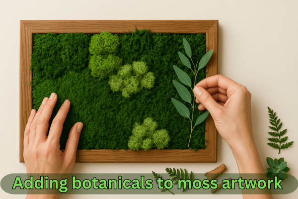 Adding botanicals to moss artwork