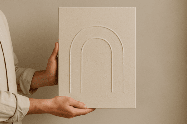 Artist holding completed textured canvas beside neutral-toned wall