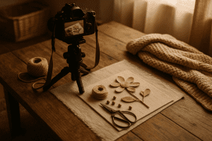 Behind-the-scenes flat lay setup for photographing DIY craft tutorials
