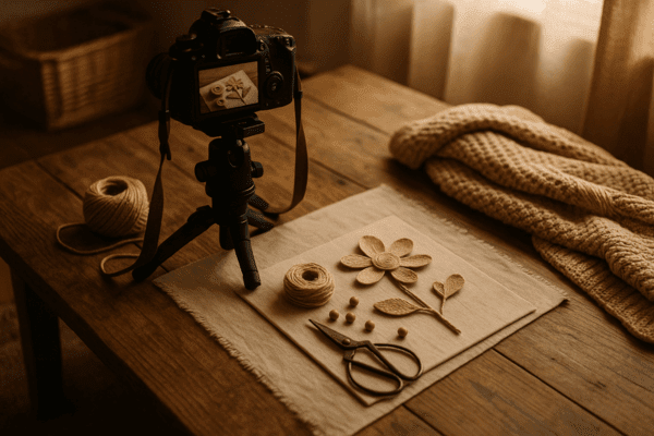 Behind-the-scenes flat lay setup for photographing DIY craft tutorials