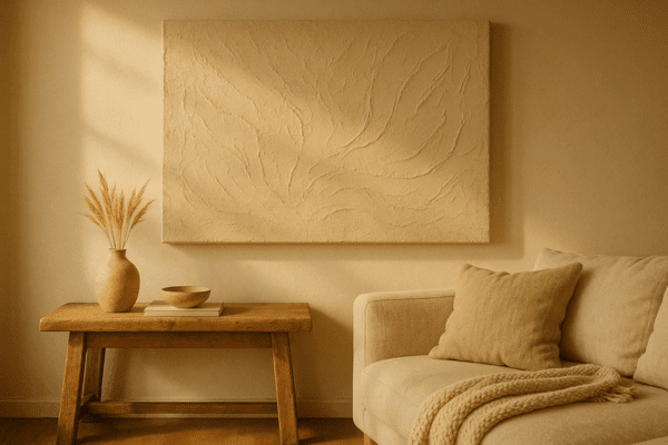 Beige textured canvas art with raised plaster-like finish