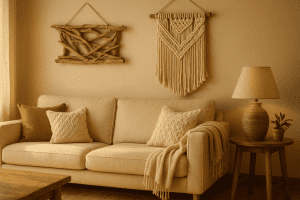 Boho summer living room with driftwood art and macramé wall hangings