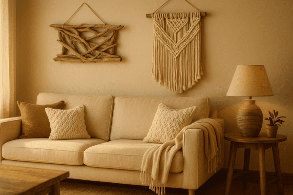 Boho summer living room with driftwood art and macramé wall hangings