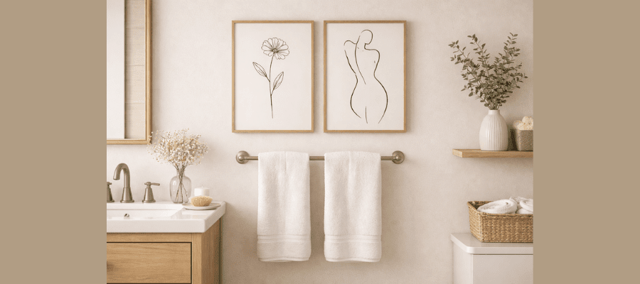 Bright bathroom with minimalist black-and-white wall art above towel rack