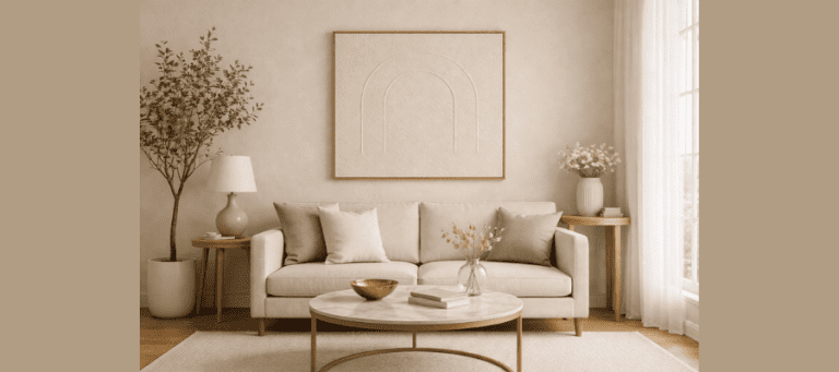 Bright modern room with handmade luxury DIY wall art centerpiece