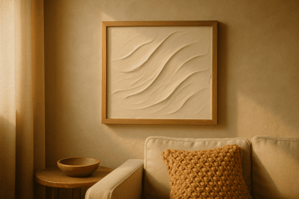 Close-up of creamy plaster wall art with subtle wave textures