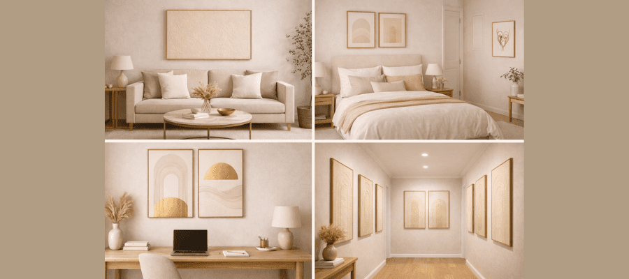 Collage of multiple home rooms with consistent color and frame themes