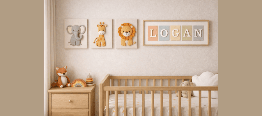 Colorful nursery with felt animal wall art and framed baby name letters