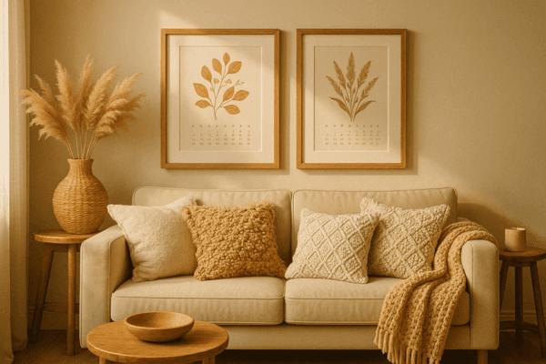 Cozy boho living room featuring framed Dollar Tree wall art with warm textures