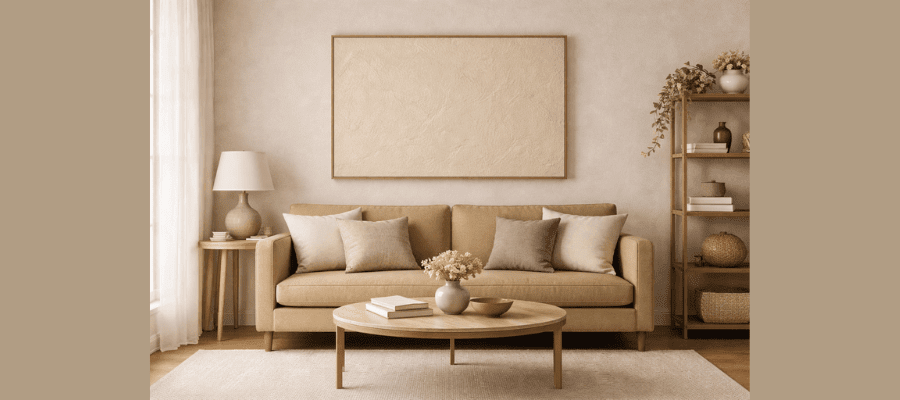 Cozy living room featuring a large textured beige canvas above a tan sofa