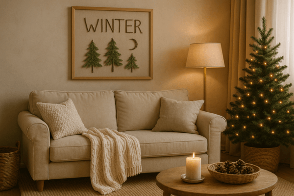 Cozy winter living room with handmade seasonal wall art