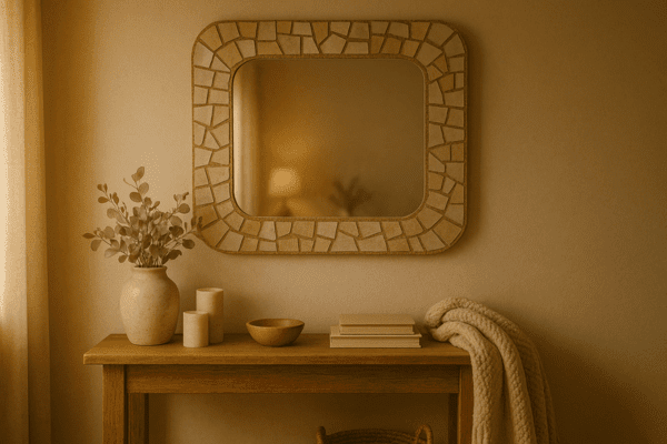 DIY mirror mosaic arranged above an entryway console table