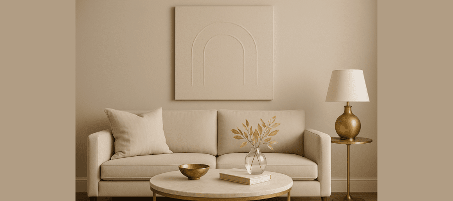 Elegant living room featuring neutral textured canvas and gold-accented decor