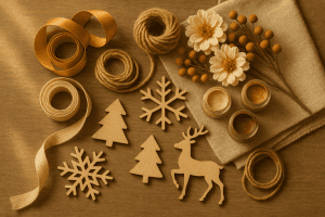 Flat lay arrangement of seasonal crafting supplies including ribbons, paints, twine, faux