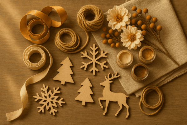 Flat lay arrangement of seasonal crafting supplies including ribbons, paints, twine, faux