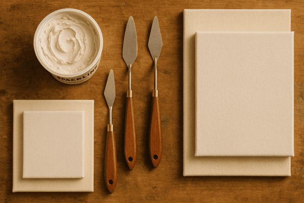 Flat lay of spackle, palette knives, and canvas materials on workbench