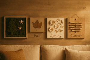 Four-season collage showing Christmas, fall, spring, and summer wall art