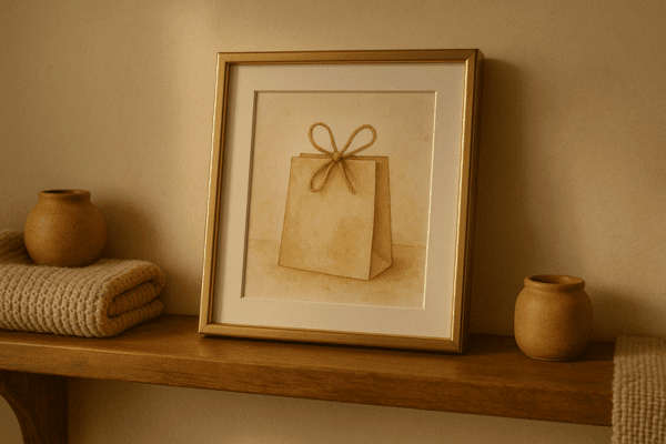 Gift bag artwork framed in gold sitting on a cozy wall shelf