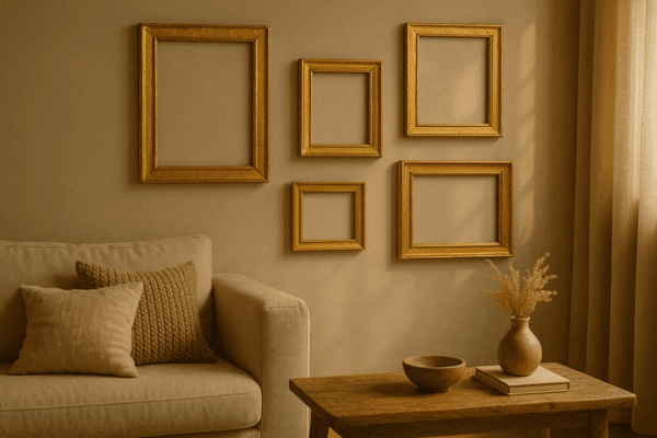 Gold-leaf accent frames arranged on a simple modern wall