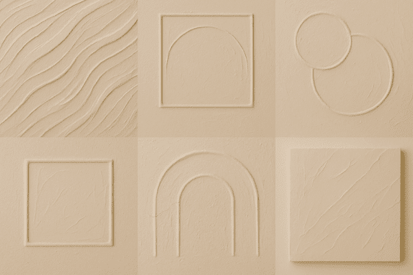 Grid collage showing multiple textured wall art variations and finishes