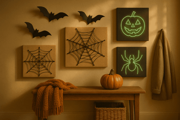 Halloween wall collage featuring 3D bats, string art spider webs, and glow paint canvases