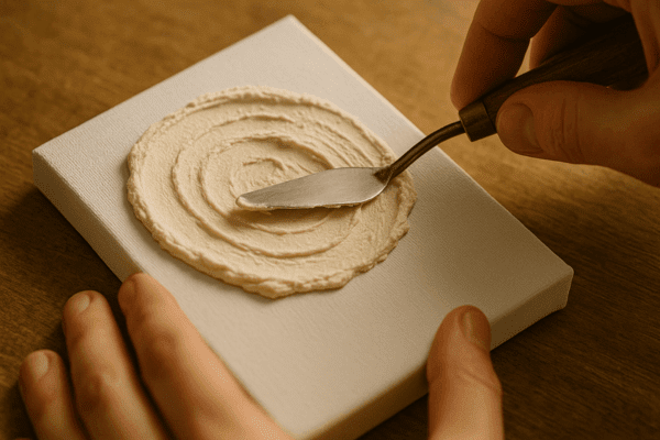Hands applying plaster with circular knife movements on canvas