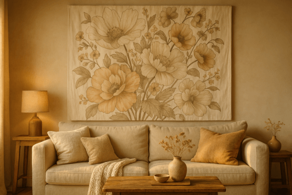 Large floral wall canvas made from a printed shower curtain