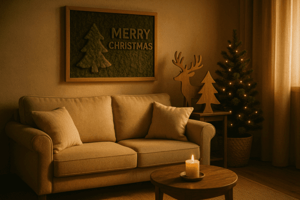 Living room decorated with rustic Christmas moss art and wooden holiday silhouettes